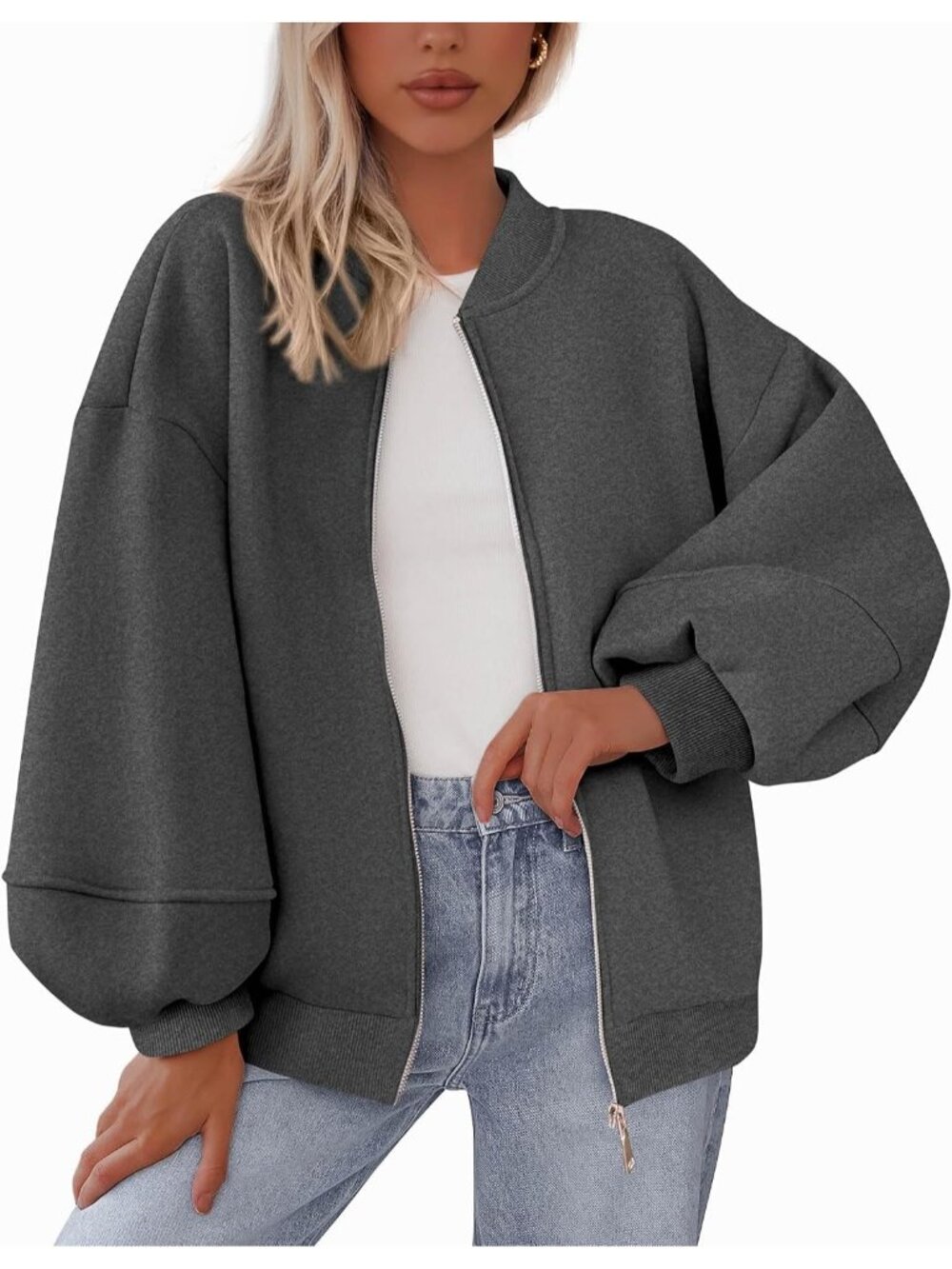 Women’s Dark Grey Oversized ZIP Up Sweatshirt With Pockets Casual Bomber Jacket